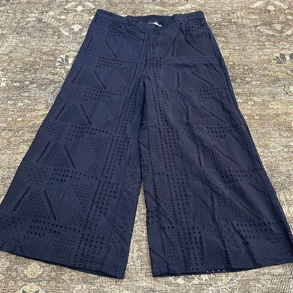 Chico's Navy Eyelet Wide Leg Pants Size 2.5 US 14 Cotton Elastic Waist Palazzo
